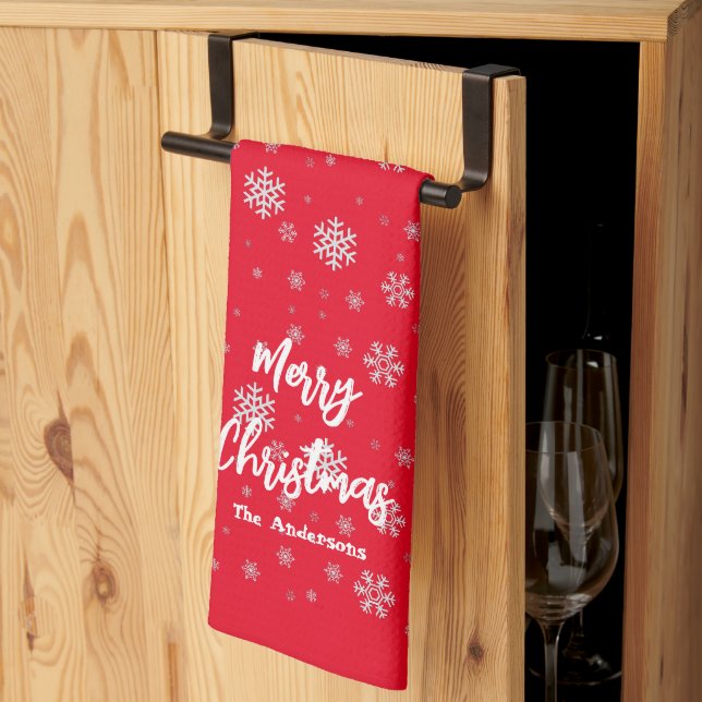Red White Winter Snowflakes Modern Merry Christmas Tea Towel (Thirds Fold)