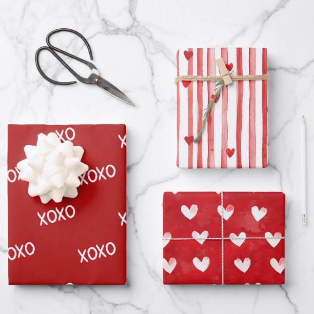 Red White XOXO Hearts Stripes Wrapping Paper Sheet (Front)