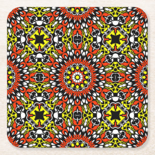 Red, White, Yellow & Black Mandala Pattern Square Paper Coaster