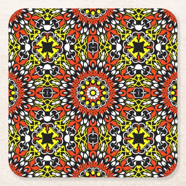 Red, White, Yellow & Black Mandala Pattern Square Paper Coaster (Front)