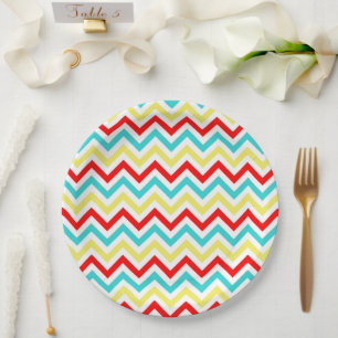 Red White Yellow Blue Chevron Circus Kids Birthday Paper Plate