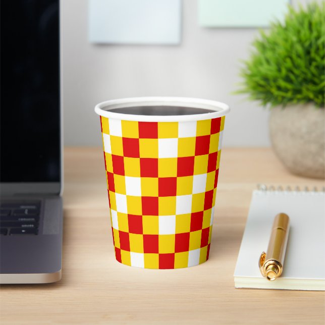 Red White Yellow Chequered Pattern Design  Paper Cups (Insitu)