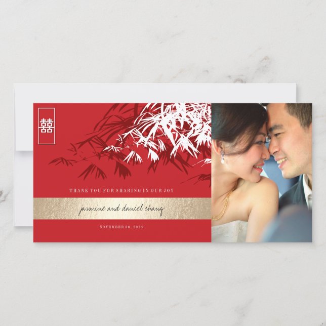 Red White Zen Bamboo Leaves Chinese Wedding Photo Thank You Card (Front)