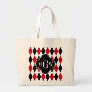 Red Wht Black Harlequin Blk Quatrefoil 3 Monogram Large Tote Bag