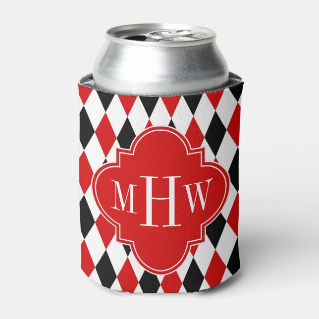 Red Wht Black Harlequin Red Quatrefoil 3 Monogram Can Cooler (Can Front)