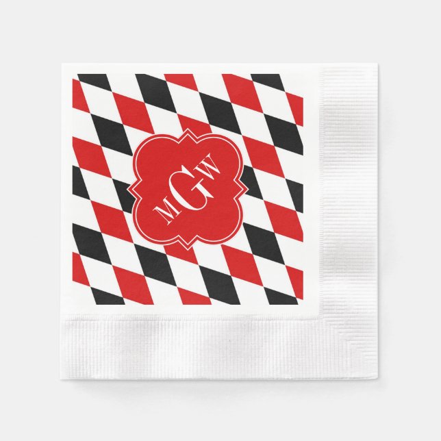 Red Wht Black Harlequin Red Quatrefoil 3 Monogram Napkin (Front)
