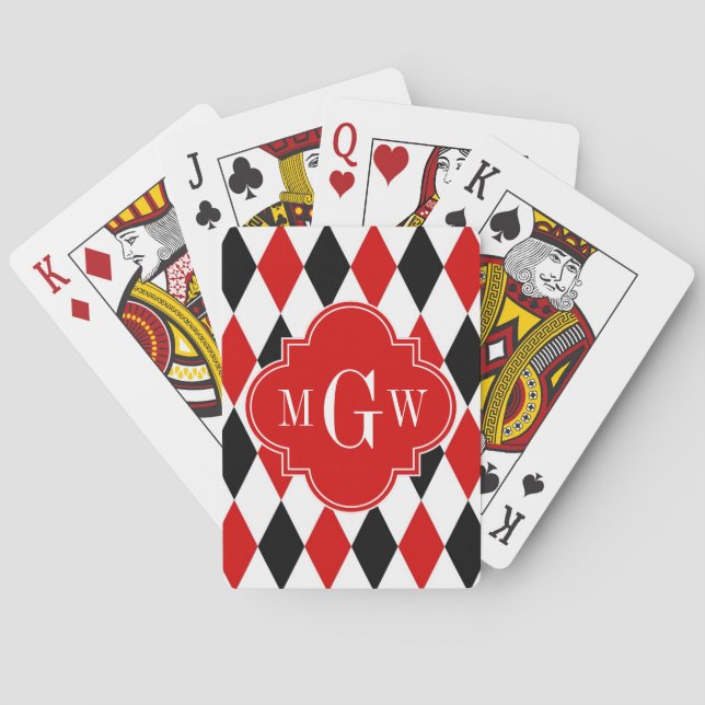 Red Wht Black Harlequin Red Quatrefoil 3 Monogram Playing Cards (Back)