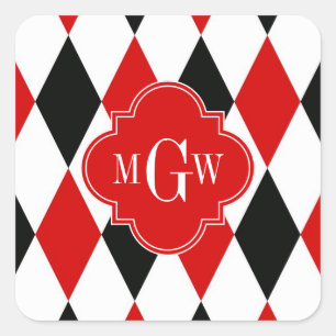 Red Wht Black Harlequin Red Quatrefoil 3 Monogram Square Sticker
