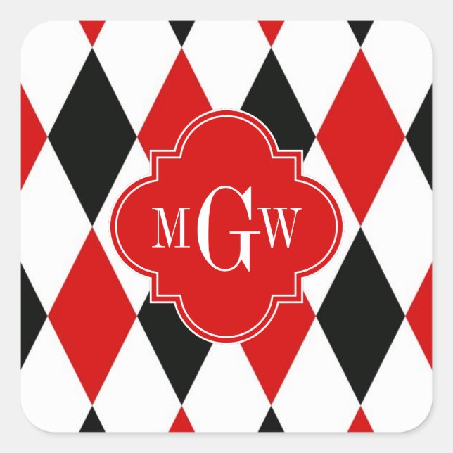 Red Wht Black Harlequin Red Quatrefoil 3 Monogram Square Sticker (Front)