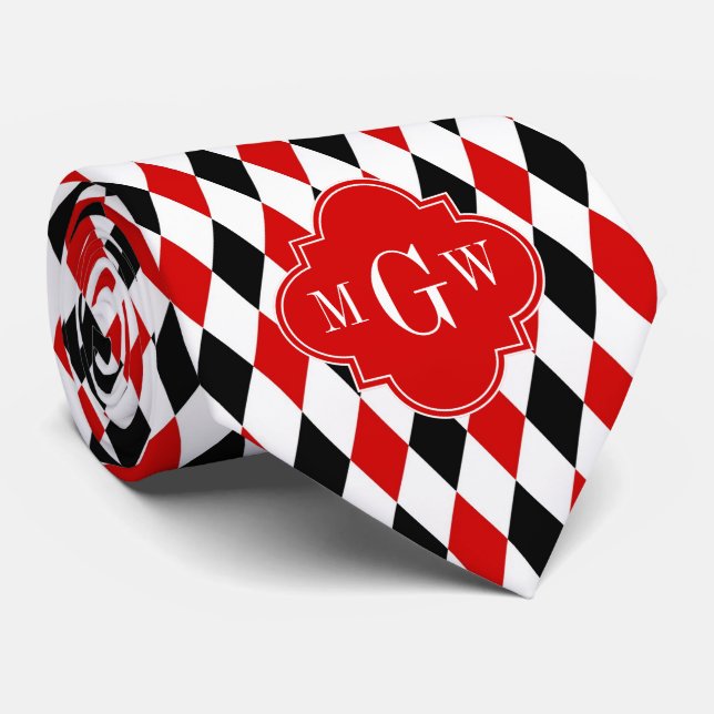 Red Wht Black Harlequin Red Quatrefoil 3 Monogram Tie (Rolled)