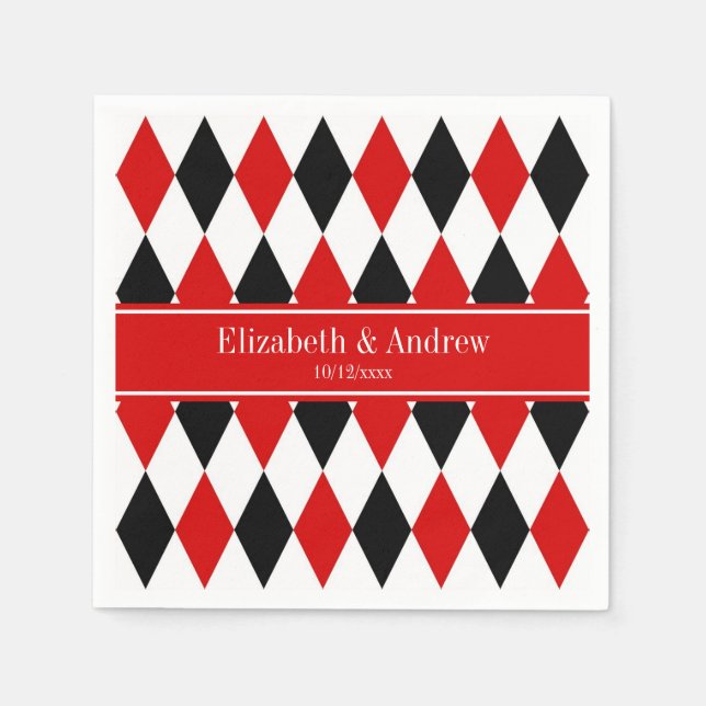 Red Wht Black Harlequin Red Ribbon Name Monogram Napkin (Front)
