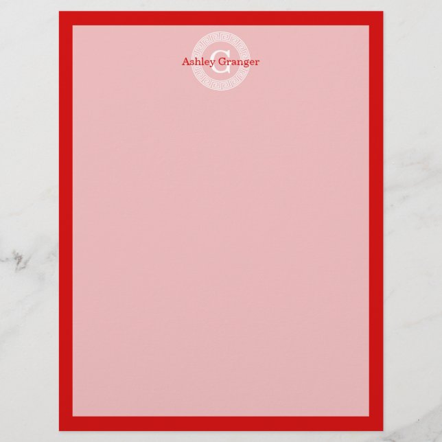 Red Wht Greek Key Rnd Frame Initial Monogram (Front)