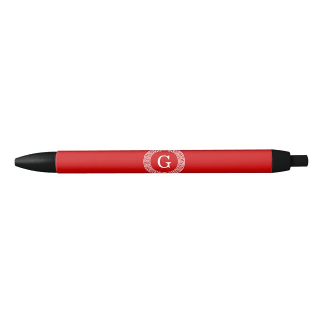 Red Wht Greek Key Rnd Frame Initial Monogram Black Ink Pen (Front)