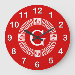 Red Wht Greek Key Rnd Frame Initial Monogram Large Clock