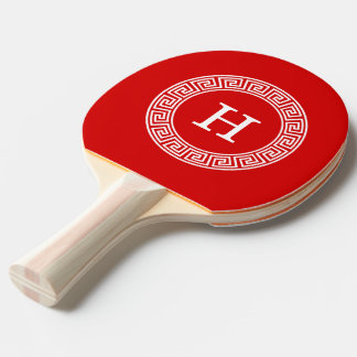 Red Wht Greek Key Rnd Frame Initial Monogram Ping Pong Paddle