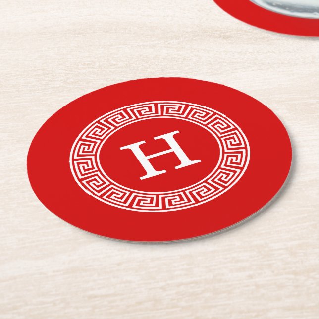 Red Wht Greek Key Rnd Frame Initial Monogram Round Paper Coaster (Angled)