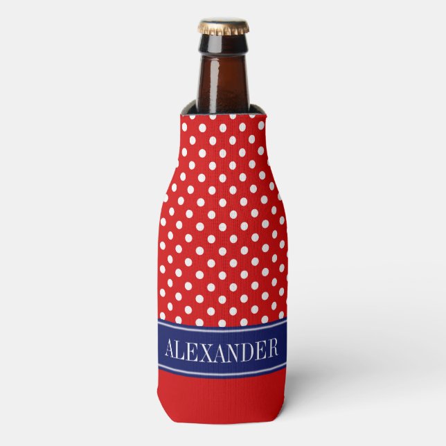 Red Wht Polka Dot CB Navy Name Monogram Bottle Cooler (Bottle Front)