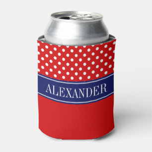 Red Wht Polka Dot CB Navy Name Monogram Can Cooler