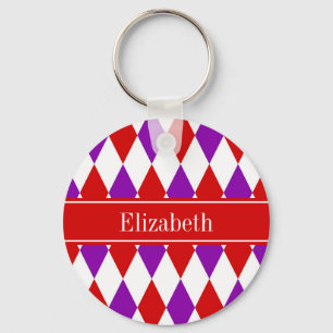 Red Wht Purple Harlequin Red Name Monogram Key Ring