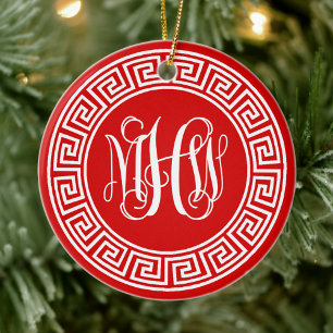 Red Wht Vine Script Monogram Font Greek Key Frame Ceramic Tree Decoration