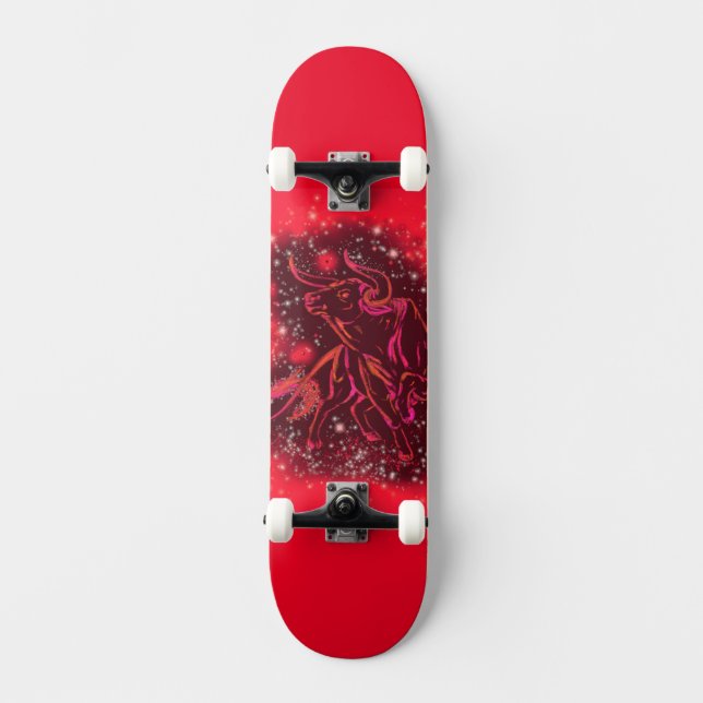 Red Wild Bull Running in Starry Night Skateboard (Front)