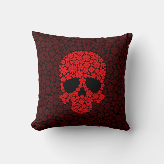 Red Wild Flowers Skull Cushion (Front)