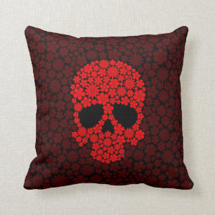 Red Wild Flowers Skull Cushion