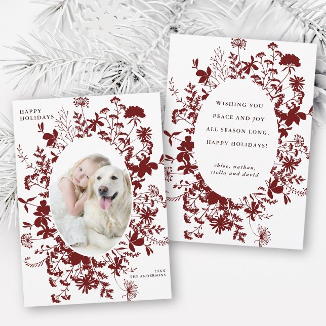Red Wildflower Silhouette Christmas Photo Holiday Card (Front & Back)