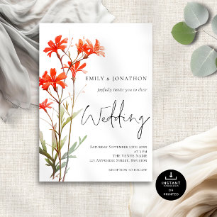 Red Wildflowers Elegant Script Sage Wedding Invitation