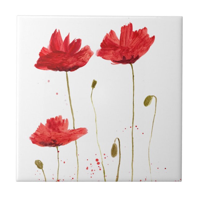 Red Wildflowers Floral watercolor Kitchen Rustic Tile (Front)