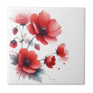 Red Wildflowers Floral watercolor Kitchen Rustic Tile