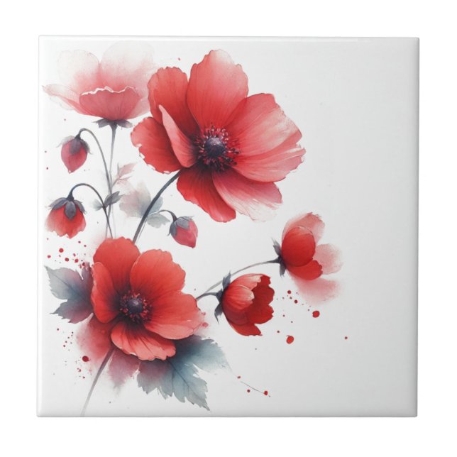 Red Wildflowers Floral watercolor Kitchen Rustic Tile (Front)