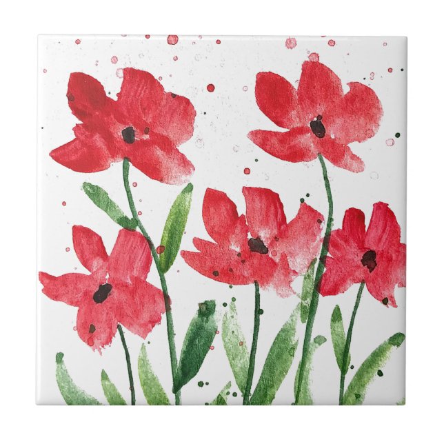 Red Wildflowers Floral watercolor Kitchen Rustic Tile (Front)