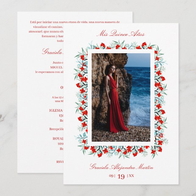 Red Wildflowers Garland Quinceañera Sophisticated  Invitation (Front/Back)