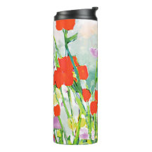 Red Wildflowers in Field WatercolorThermal Tumbler