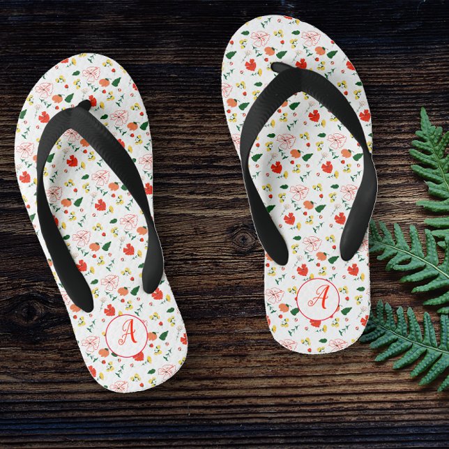 Red  wildflowers pattern girl initial  kid's flip flops (Creator Uploaded)