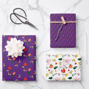 Red wildflowers purple pattern  wrapping paper