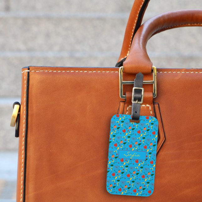 Red wildflowers turquoise pattern Luggage Tag (Creator Uploaded)