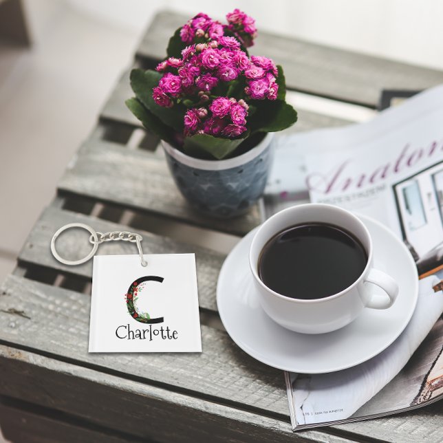  Red wildflowers Watercolor monogram  Key Ring (Creator Uploaded)