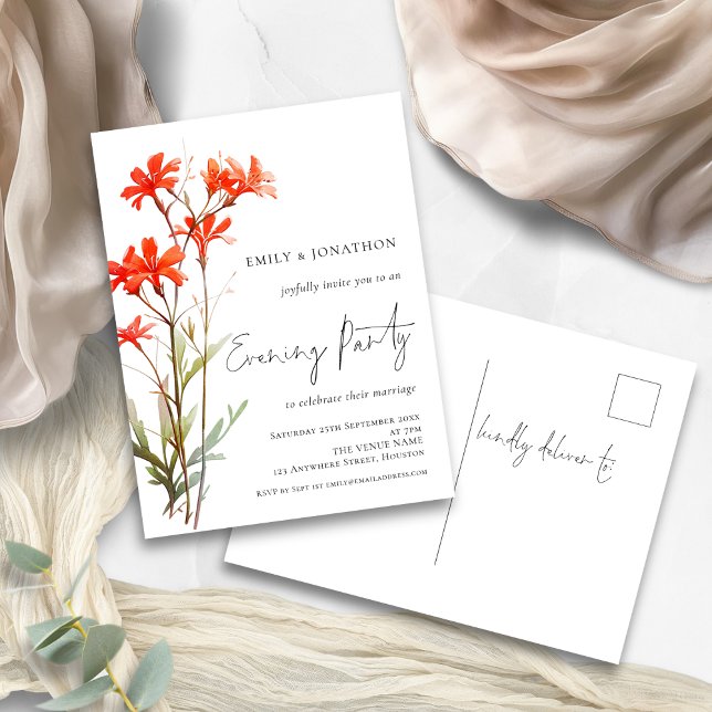 Red Wildflowers Wedding Evening Party Invitation Postcard (front and back view of postcard)