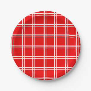 Red Windowpane Plaid Grid Stripes Pattern Design Paper Plate