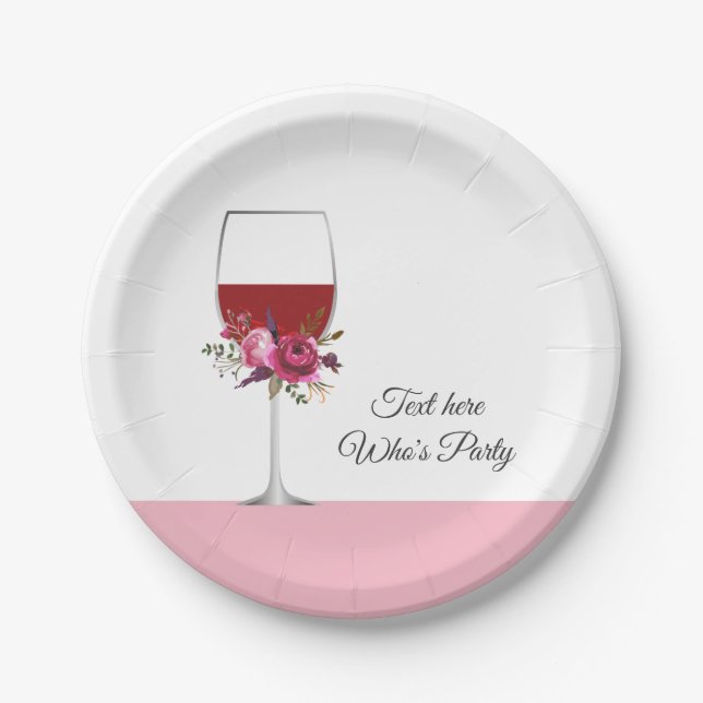 red wine, adult birthday, wedding, floral paper plate (Front)