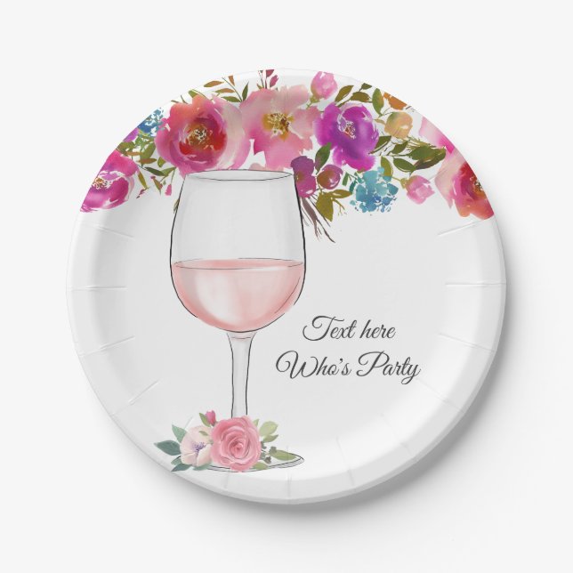 red wine, adult birthday, wedding, floral paper plate (Front)