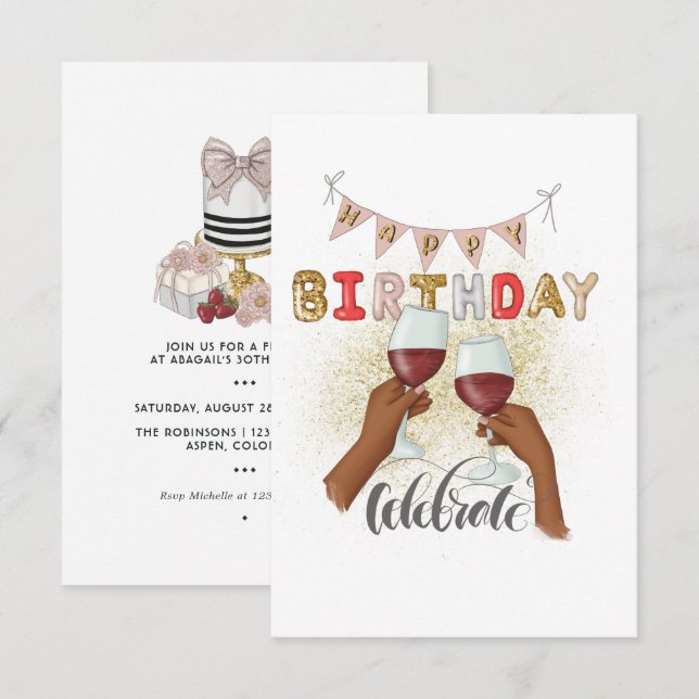 Red Wine African American Girl Birthday Invitation (Front/Back)