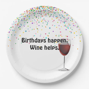 Red wine and birthday party confetti paper plate