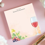 Red Wine and Grapes Vineyard Personalised Name Notepad<br><div class="desc">Celebrate the simple pleasures with this elegant, personalised notepad. A classic illustration featuring a glass of red wine and a cluster of grapes with vine leaves adorns the lower portion of the notepad. The soft, warm-toned background adds a touch of sophistication. Add your own custom text to make this a...</div>