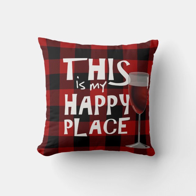 red wine and quote on buffalo plaid cushion (Front)