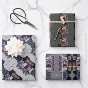 Red Wine Bottle Glass Grapes Vintage Digital Art Wrapping Paper Sheet