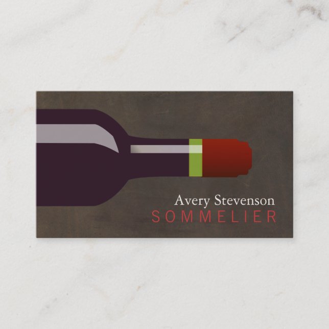 Red Wine Bottle Sommelier Brown Leather Look Business Card (Front)