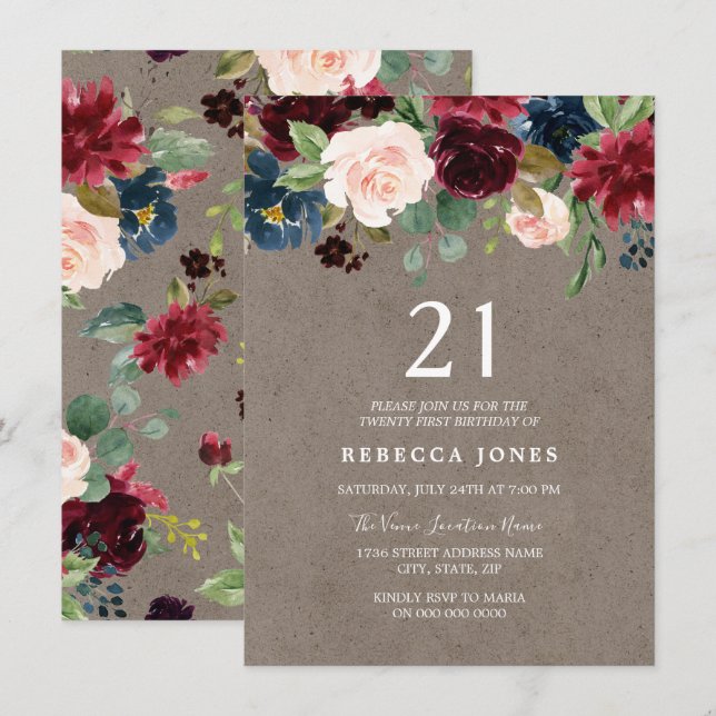 Red Wine Burgundy Floral 21st Birthday Party Invitation (Front/Back)